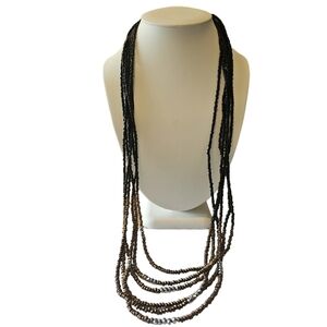 Black Seed Bead Necklace Reflective Dark Gold Metal Long Necklace